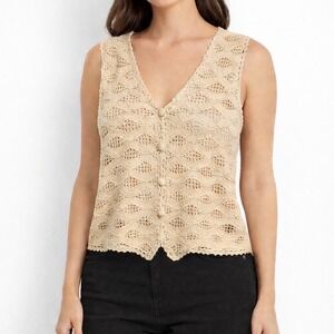 By Design Women Beige Crochet Knit Vest Button Front Boho Cottage Cotton Blend M